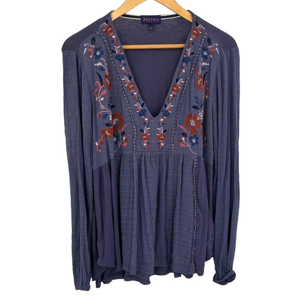 Artesia cornflower blue embroidered boho peasant tunic top size large